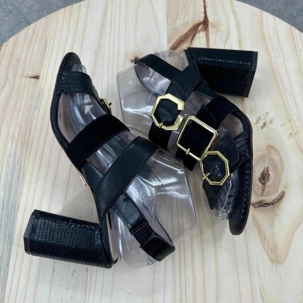 Louise et Cie Block Heel Sandals Womens 6 Black Lizard Embossed Triple Buckle